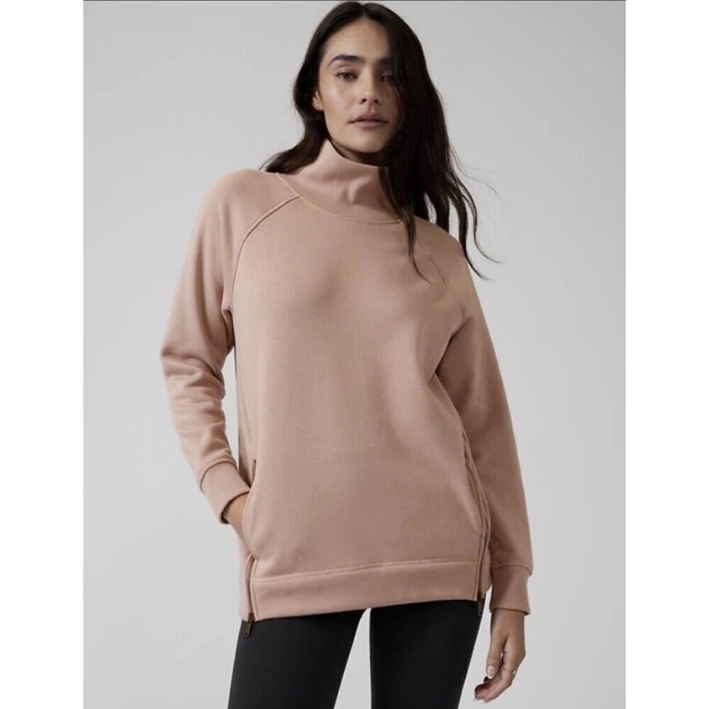 ATHLETA‎ Sweater SMALL Pullover Cozy Karma Side Zip Funnel Neck Pink Mocha Latte